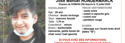 Avis de recherche : José Manuel HONDERMARCK, 28 ans, 1m70 disparu à...